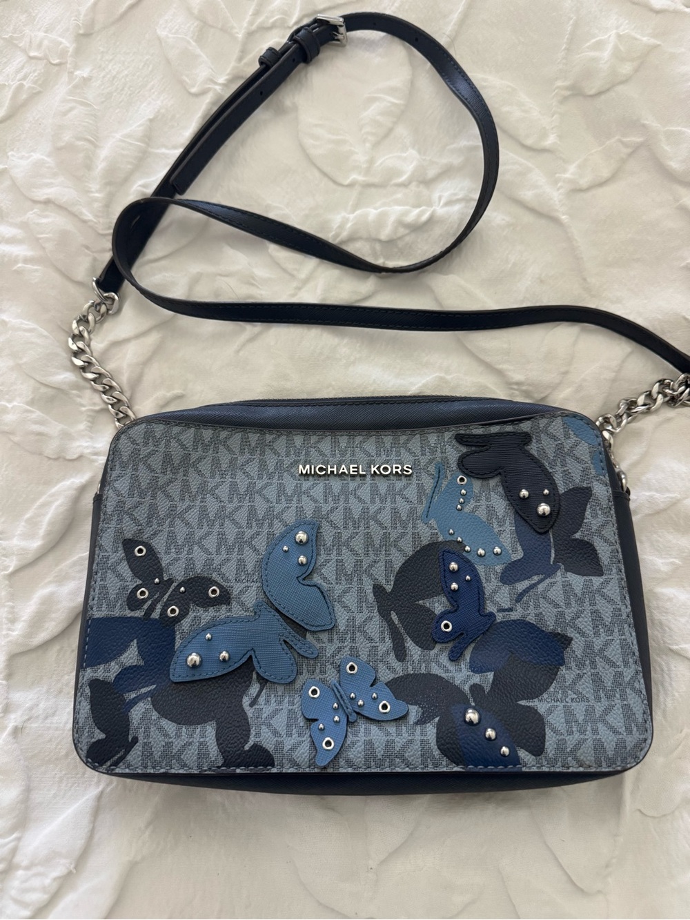 MICHAEL KORS Blue MK Logo Butterfly Appliqué Crossbody Bag